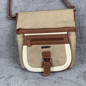 Multi Sac Crossbody‎ Bag Tan & Cream Lots Of Pockets Adjustable Travel Purse